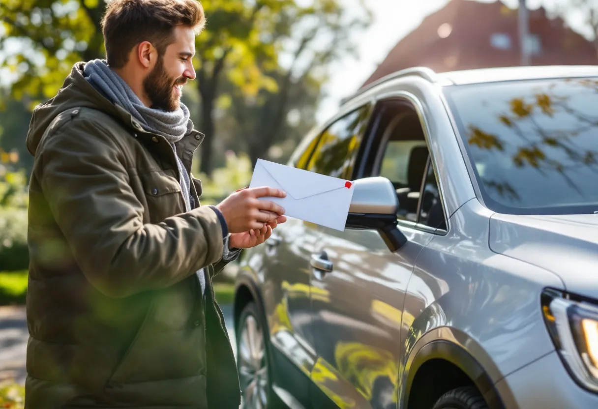 Een vriendelijke opkoper in een net hemd overhandigt een envelop met een gegarandeerd bod aan de eigenaar van een zilveren sedan op een zonnige oprit, terwijl de auto schadevrij en glanzend klaarstaat.