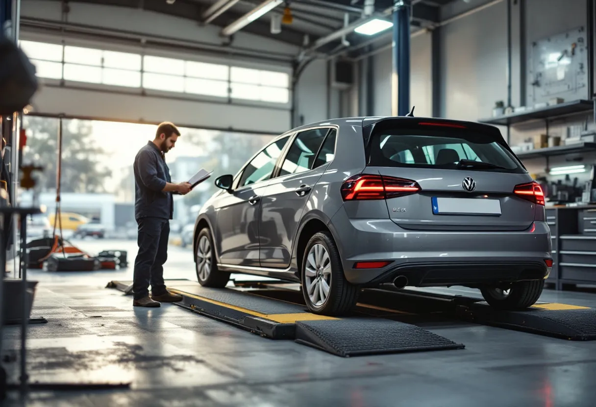 Een grijze hatchback op een tilbrug in een felverlichte autokeuringsgarage, terwijl een technicus met een klembord aandachtig naar het keuringsrapport kijkt waarop een rode stempel zichtbaar is.