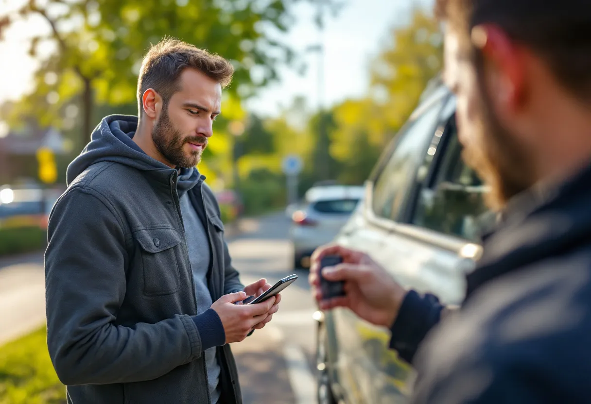 Een fotorealistische foto van een Belgische bestuurder die op zijn smartphone autoverzekeringen vergelijkt terwijl hij naast zijn geparkeerde wagen staat op een zonnige oprit.