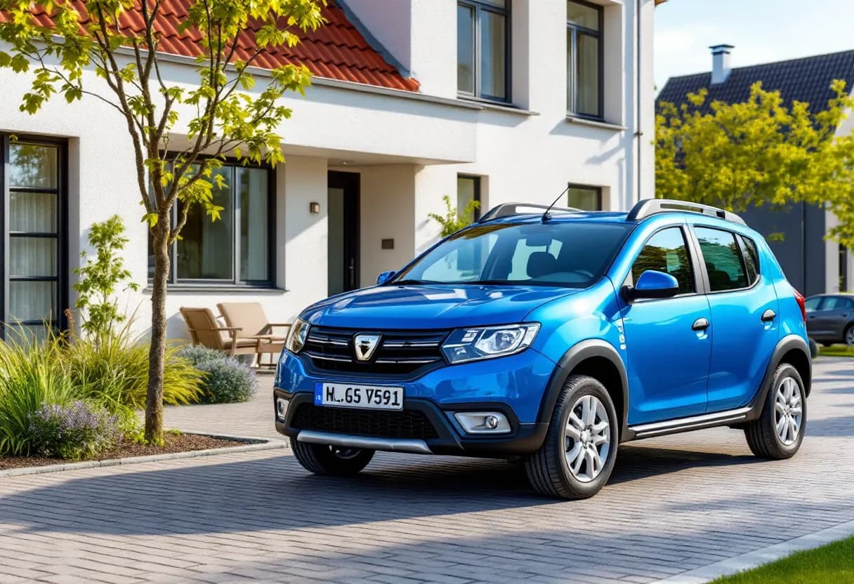 Een Dacia Sandero Stepway in de kleur blauw geparkeerd voor een modern huis met een vriendelijke eigenaar die de sleutels overhandigt aan een opkoper.
