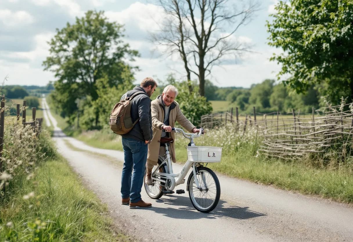 Een witte rijschoolwagen met dubbele pedalen en L-teken wordt geïnspecteerd door een vriendelijke expert op een zonnig oprit in Vlaanderen.