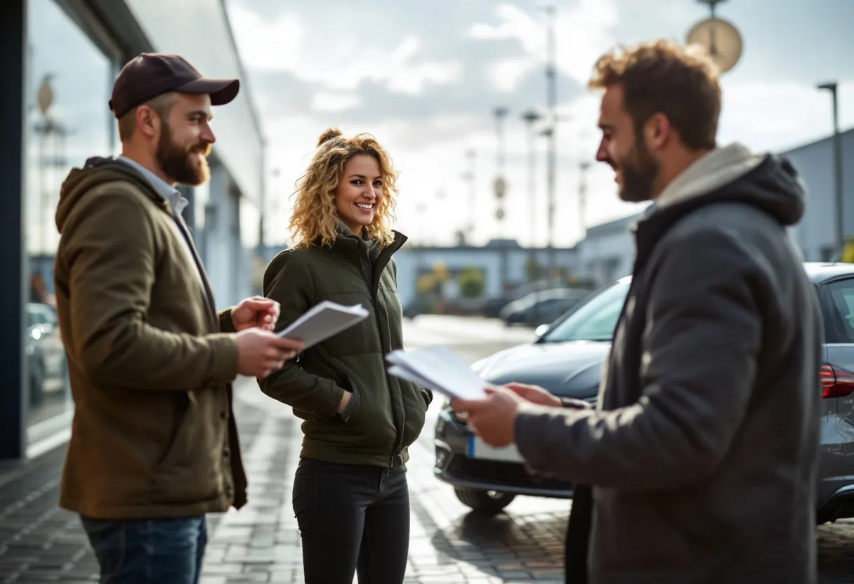 Een zonnige oprit met een glanzende grijze Fiat Tipo, waarbij een professionele opkoper de papieren controleert en de eigenaar de sleutels overhandigt, klaar voor een zorgeloze verkoop.