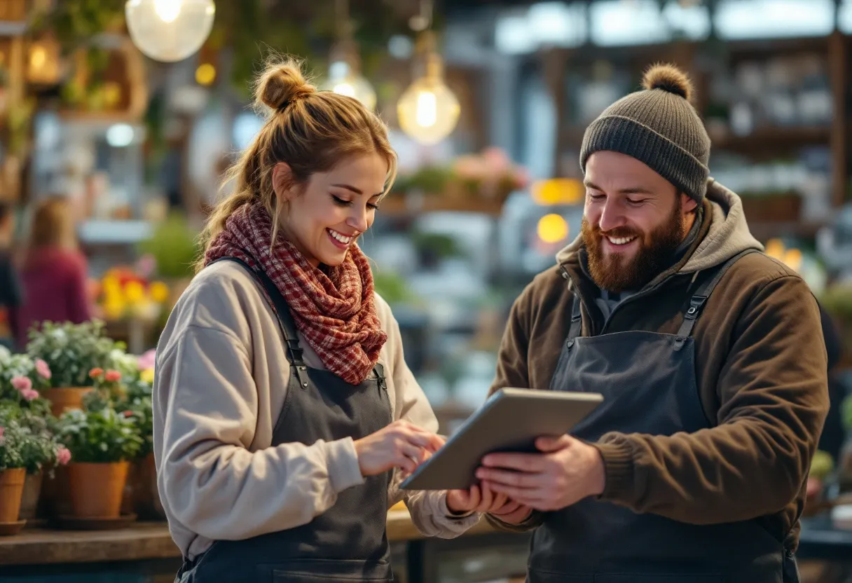 Een compacte zilvergrijze brommobiel met een vriendelijke bestuurder die een tablet met een verkoopkeuring bekijkt, op een oprit in een typische Vlaamse woonwijk met bakstenen huizen.