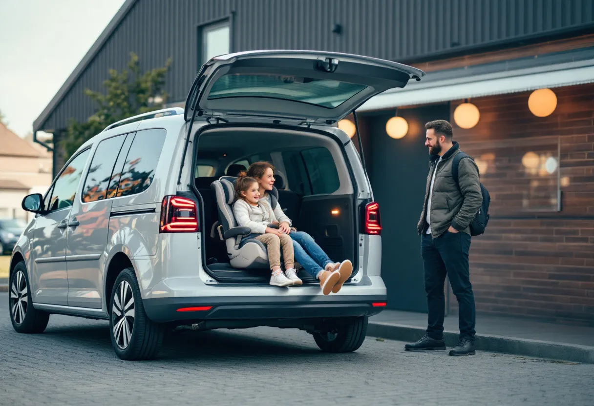 Een familiewagen met een kinderautostoel op de achterbank, geparkeerd voor een rijhuis in België, terwijl een inspecteur van de auto-opkoopdienst glimlachend de wagen bekijkt.