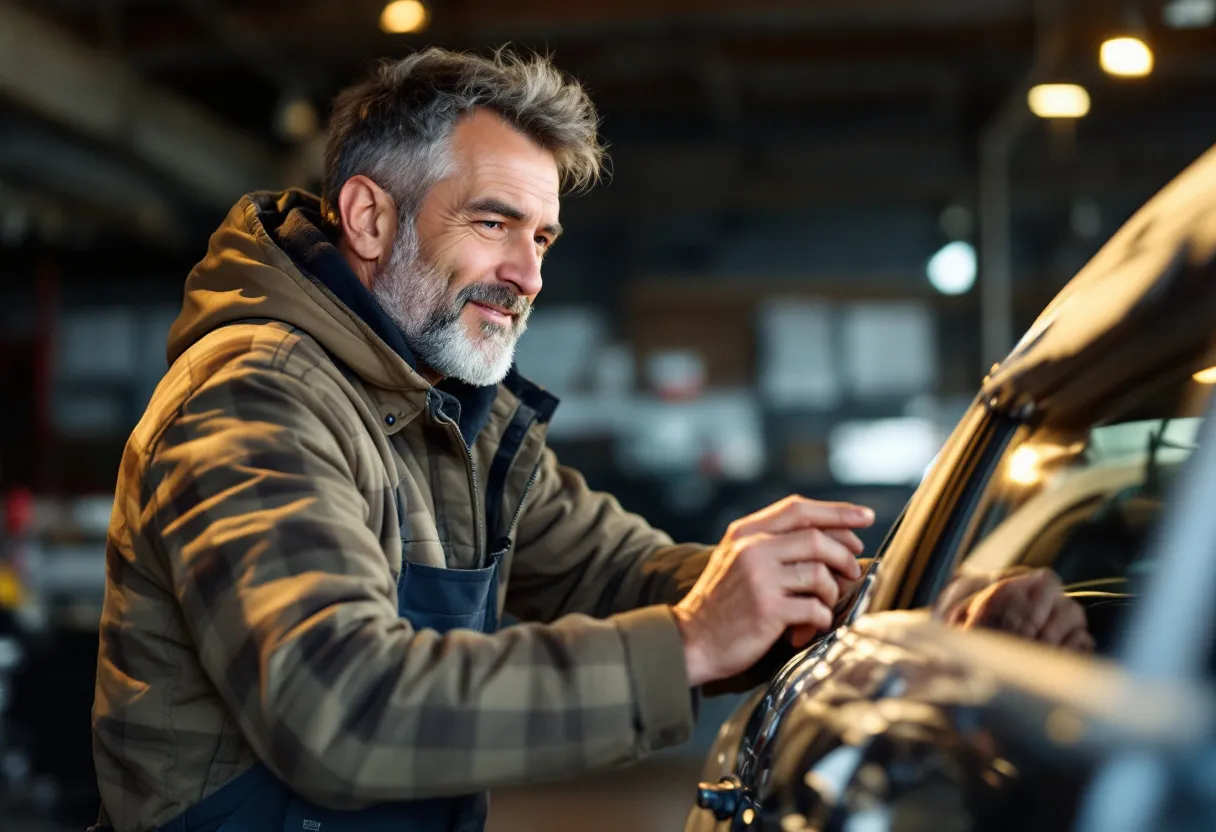 Een particuliere verkoper overhandigt de autosleutels aan een professioneel ogende opkoper, met een glimlach van tevredenheid en opluchting, terwijl de auto opgehaald wordt.