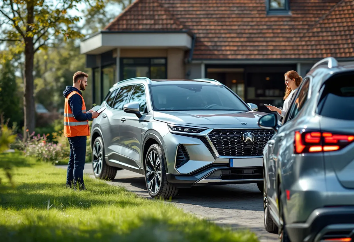 Een zilvergrijze SUV staat op een oprit terwijl een glimlachende medewerker een tablet vasthoudt en de eigenaar de autosleutels overhandigt, met een modern bakstenen huis op de achtergrond.
