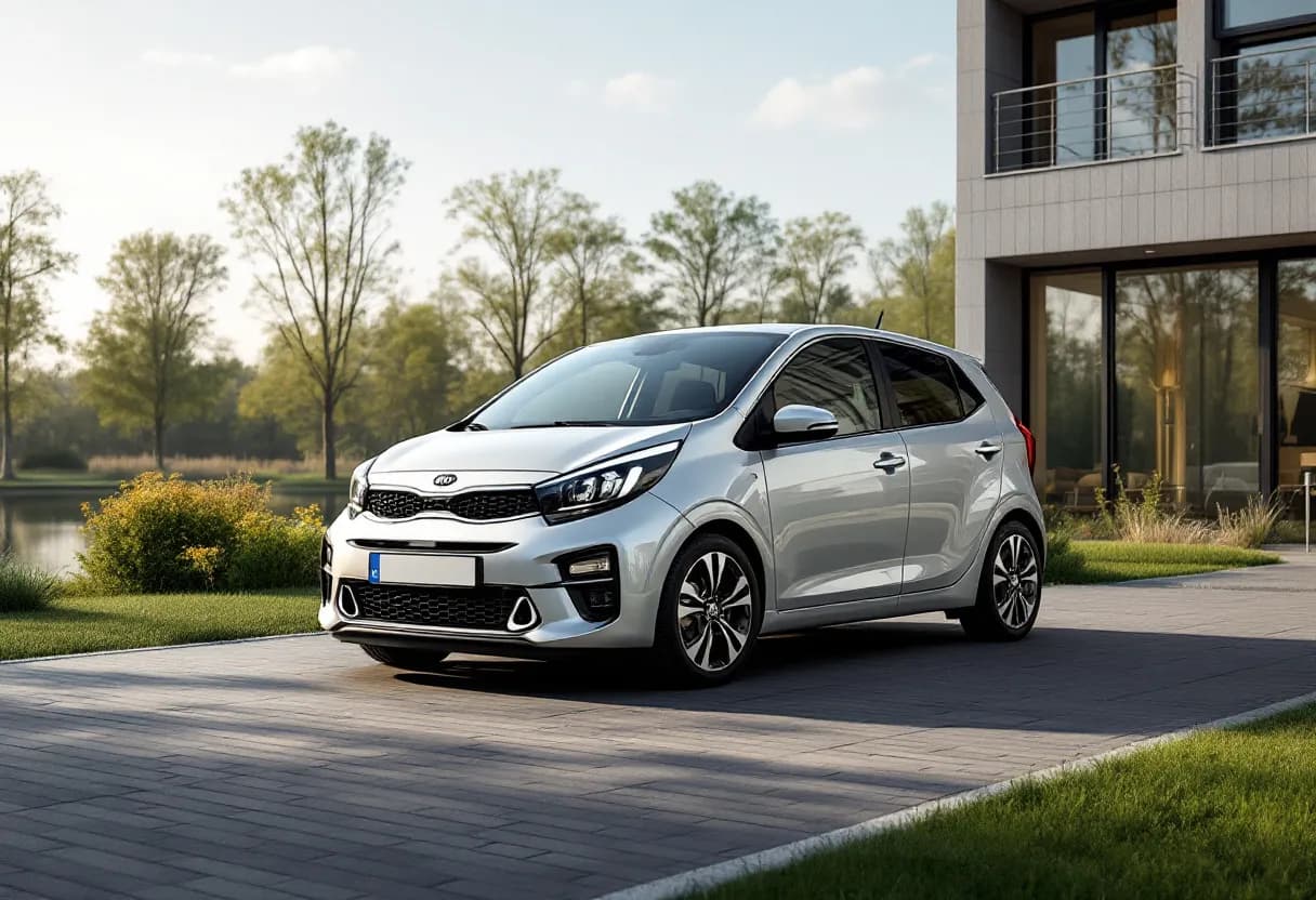 Een zilverkleurige Kia Picanto GT Line geparkeerd op een kasseien oprit voor een moderne Vlaamse villa, met weerspiegeling van omliggende eikenbomen in de lak.