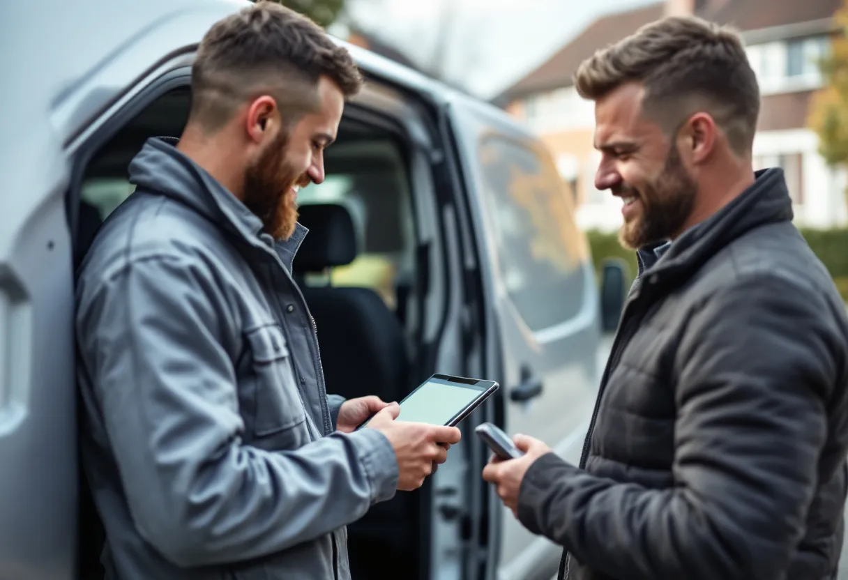 Een monteur in een grijs werkpak inspecteert een zilverkleurige Citroën Berlingo op een oprit in een Belgische woonwijk, terwijl hij een tablet vasthoudt met een openstaande taxatie-webpagina. De eigenaar, een man in casual kleding, kijkt toe en glimlacht.