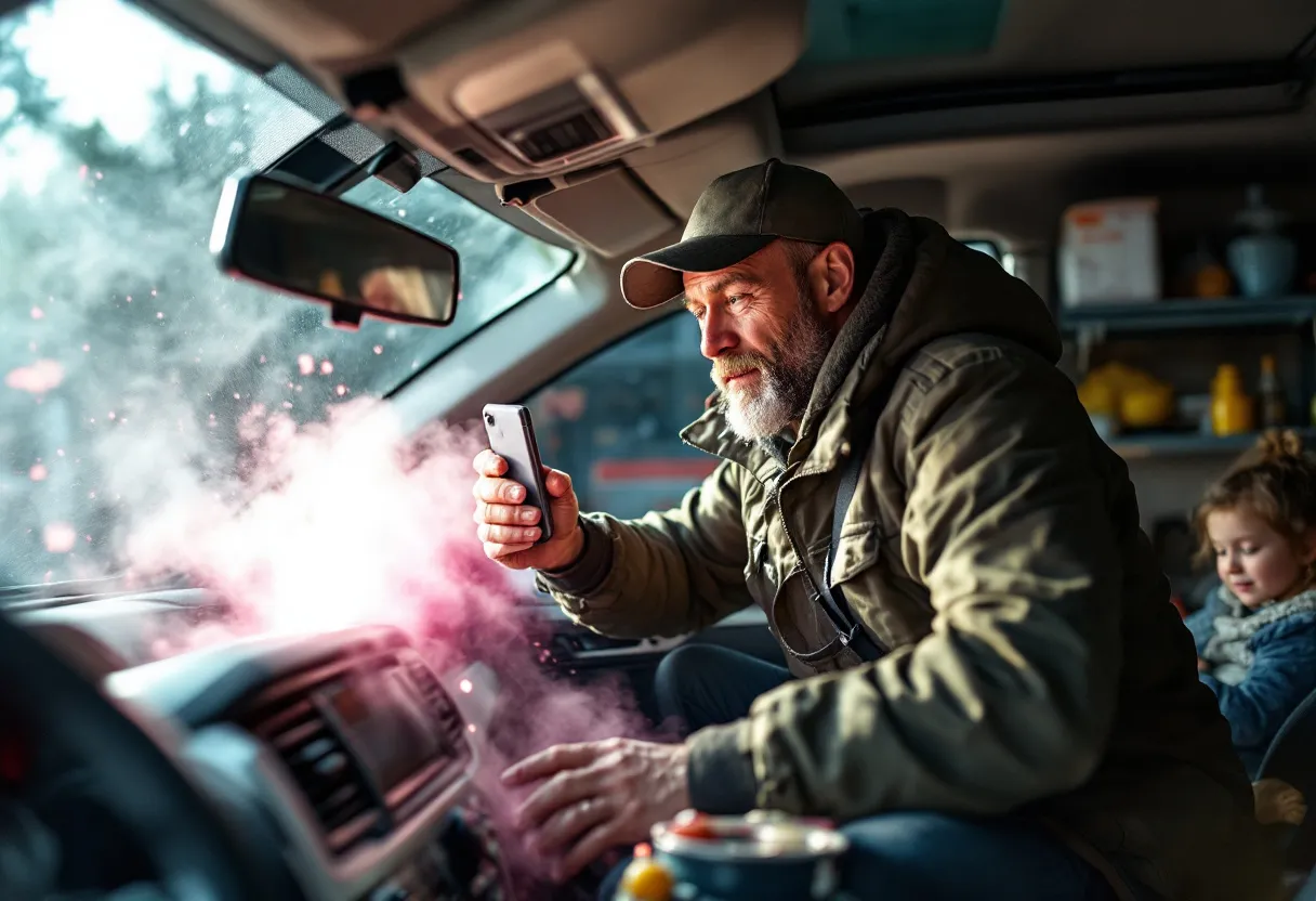 Een fotorealistische afbeelding van een monteur die een fles roze koelvloeistof in een open motorkap giet, terwijl op de achtergrond een kinderzitje zichtbaar is en een GSM-houder aan het dashboard, in een zonnige garage.