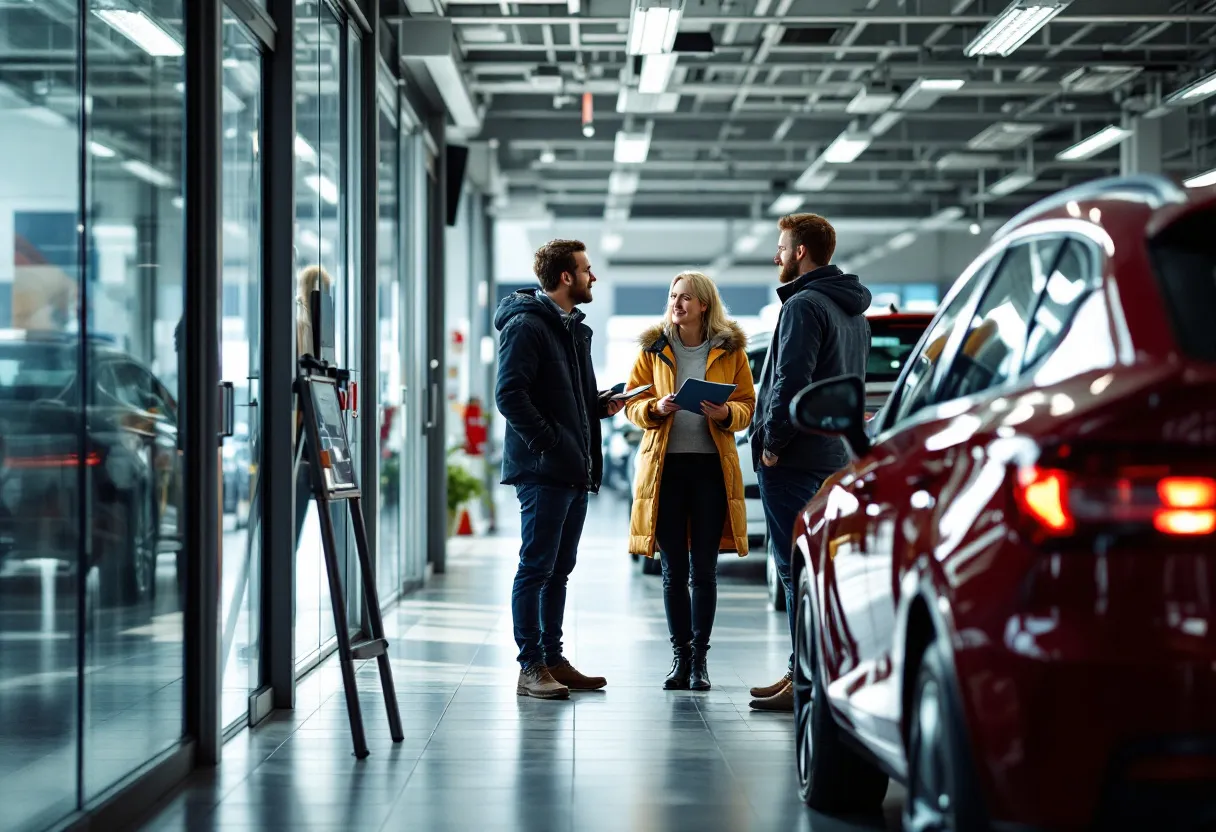 Een fotorealistische scène van een autobezitter die een gesprek heeft met een adviseur bij de ingang van een modern autocentrum, met gereedschap en bandenrekken zichtbaar binnenin.