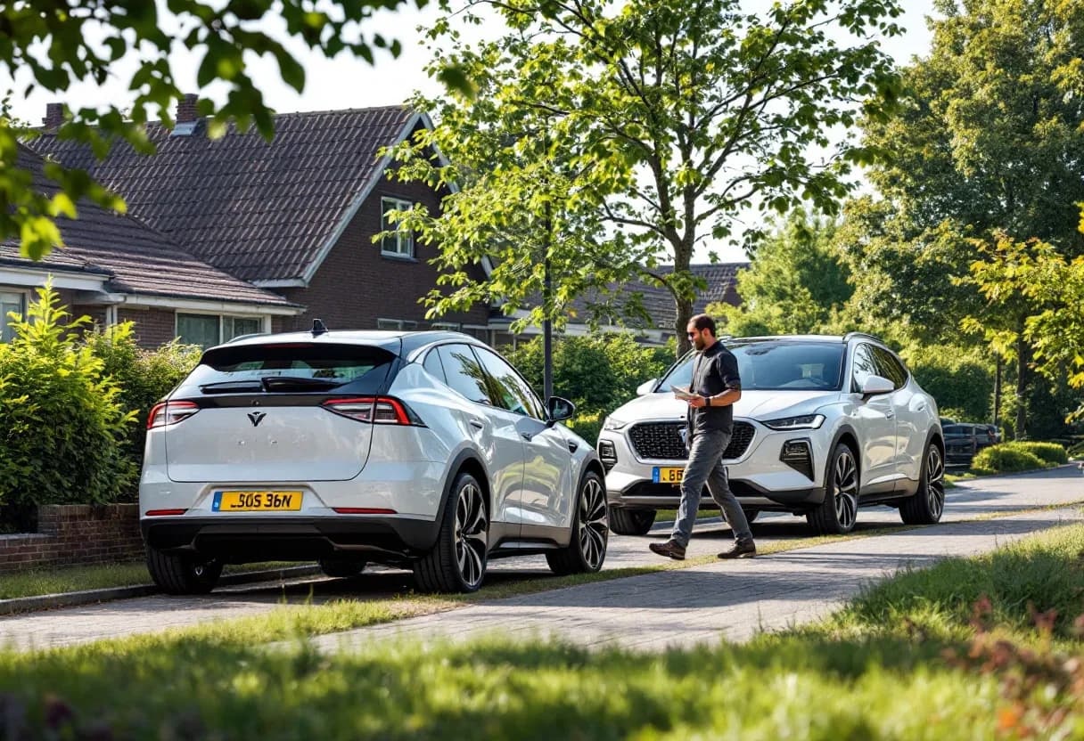 Twee moderne personenwagens, een elektrische sedan en een sportieve SUV, staan op een oprit in een Vlaamse woonwijk terwijl een inspecteur aantekeningen maakt.