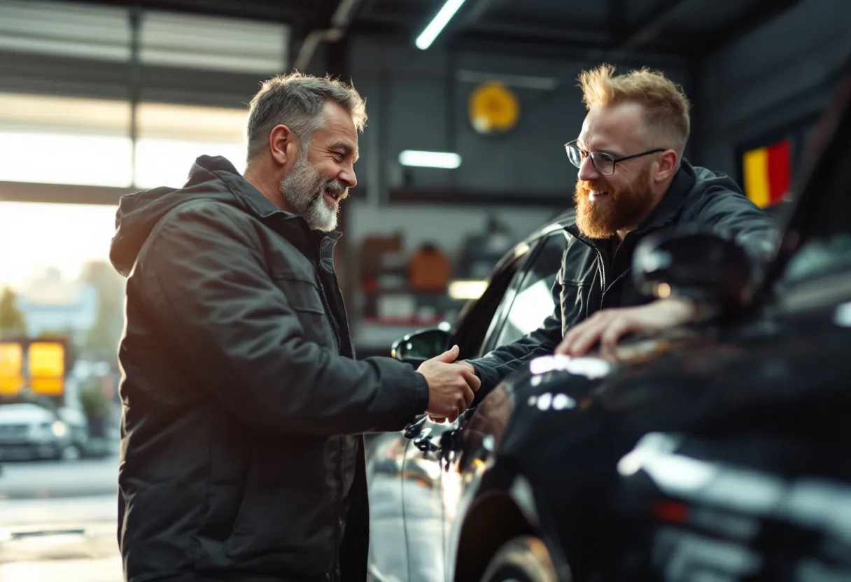 Een tevreden autobezitter overhandigt de sleutels van zijn glanzende wagen aan een professionele opkoper, voor een moderne garage met Belgische vlag op de achtergrond.