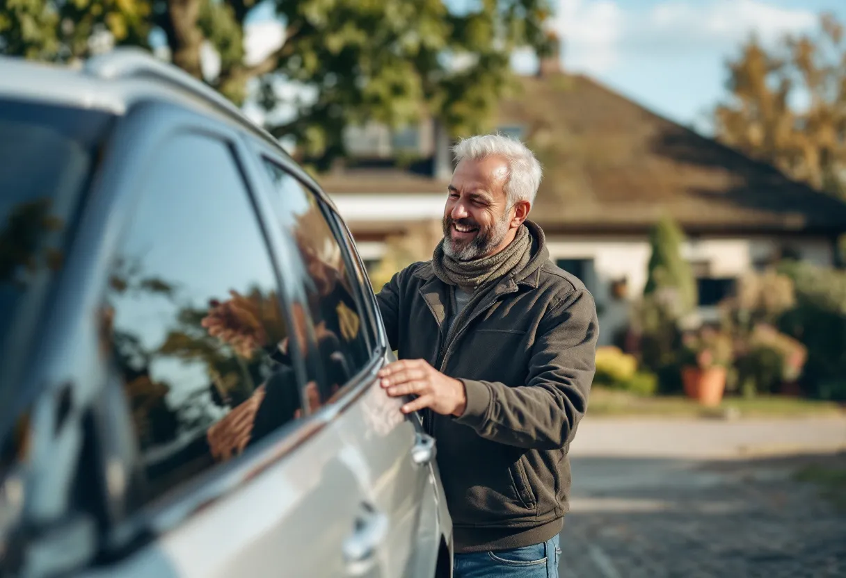 Een Belgische particulier overhandigt blij de sleutels van zijn zilveren tweedehands auto aan een vriendelijke opkoper op een zonnige oprit met een huis op de achtergrond.