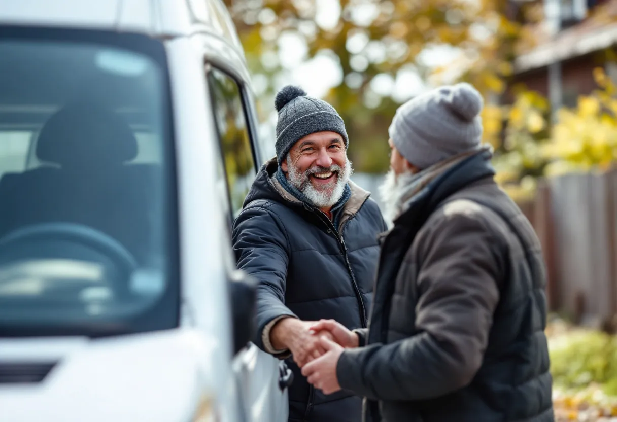 Een glimlachende man overhandigt de autosleutels aan een vriendelijke opkoper voor een witte bestelwagen, op een zonovergoten oprit in een Vlaamse woonwijk.