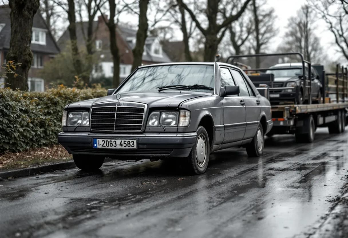 Een takelwagen laadt een zwaar beschadigde grijze auto met deuken in de voorbumper op in een oprit in een Vlaamse buitenwijk, terwijl de bestuurder het voertuig vastzet op een bewolkte dag.