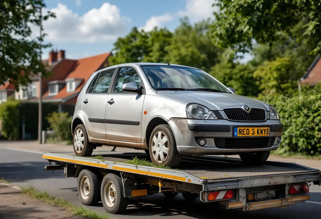 Een zilveren compacte auto met zware schade aan de voorkant staat op een oprijwagen van een auto-opkoper, klaar om opgehaald te worden, op een zonnige dag in een Belgische woonwijk.
