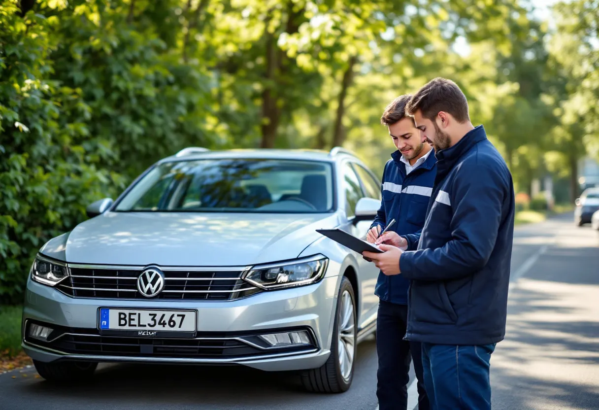 Een zilverkleurige Volkswagen Passat met Belgische nummerplaat staat op een oprit, omringd door groene hagen, terwijl een medewerker in een blauw bedrijfshesje met een tablet de auto inspecteert en de eigenaar een document ondertekent op een clipboard, op een zonnige namiddag in een typische Vlaamse verkaveling.