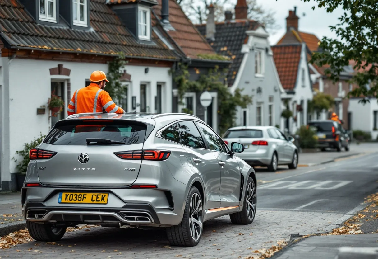 Een fotorealistische foto van een zilveren auto met een zichtbare deuk in de flank die door een vriendelijke medewerker met oranje veiligheidshesje op een witte takelwagen wordt gereden, op een kasseienstraat in een typisch Vlaams dorp met bakstenen huizen op de achtergrond.