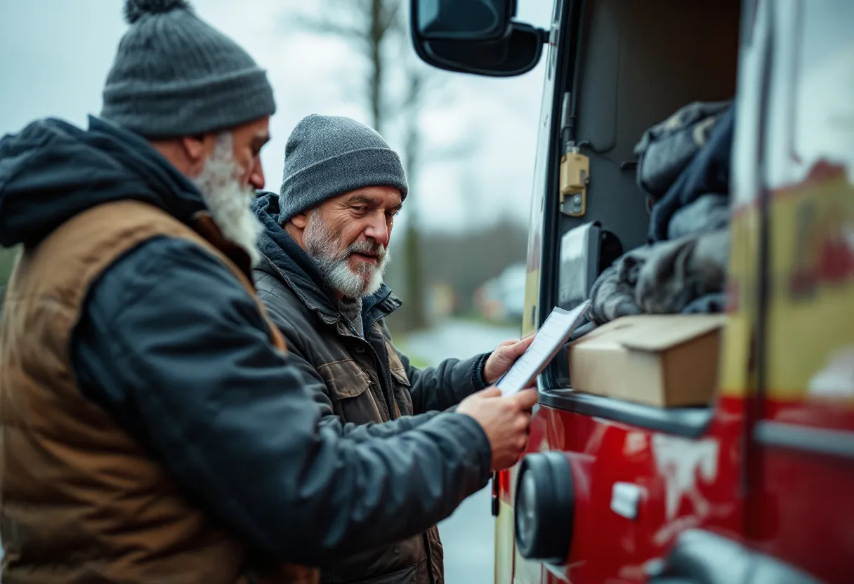 Een glimlachende man overhandigt de autosleutels en het inschrijvingsbewijs aan een professionele auto-opkoper voor een bestelwagen op een Vlaamse oprit, terwijl een sleepwagen klaarstaat.