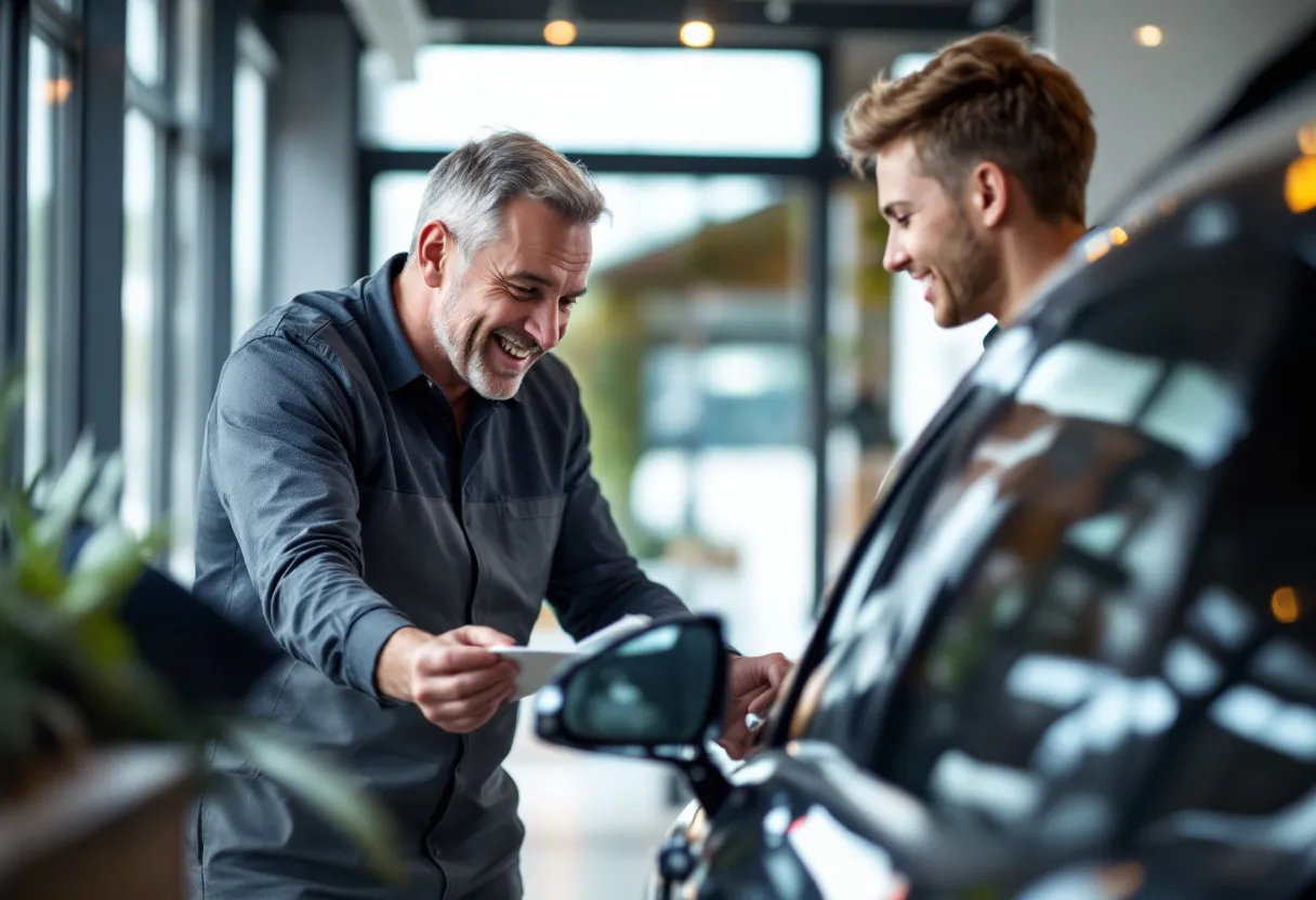 Een glimlachende man overhandigt de autosleutels aan een vriendelijke medewerker voor een moderne woning, terwijl een glanzende auto op de oprit staat.