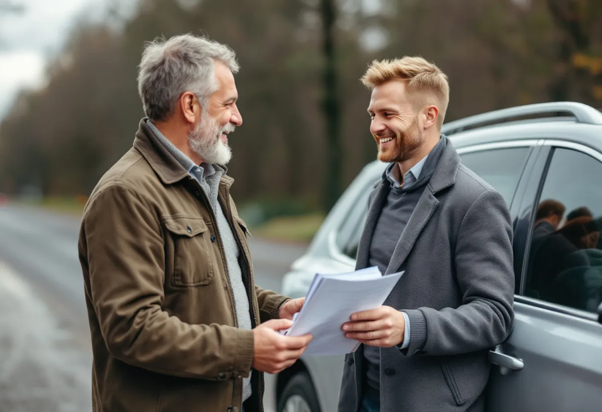 Een tevreden verkoper geeft een autosleutel aan een vriendelijke opkoper naast een zilvergrijze auto op een oprit, met een documentenmap in de hand.