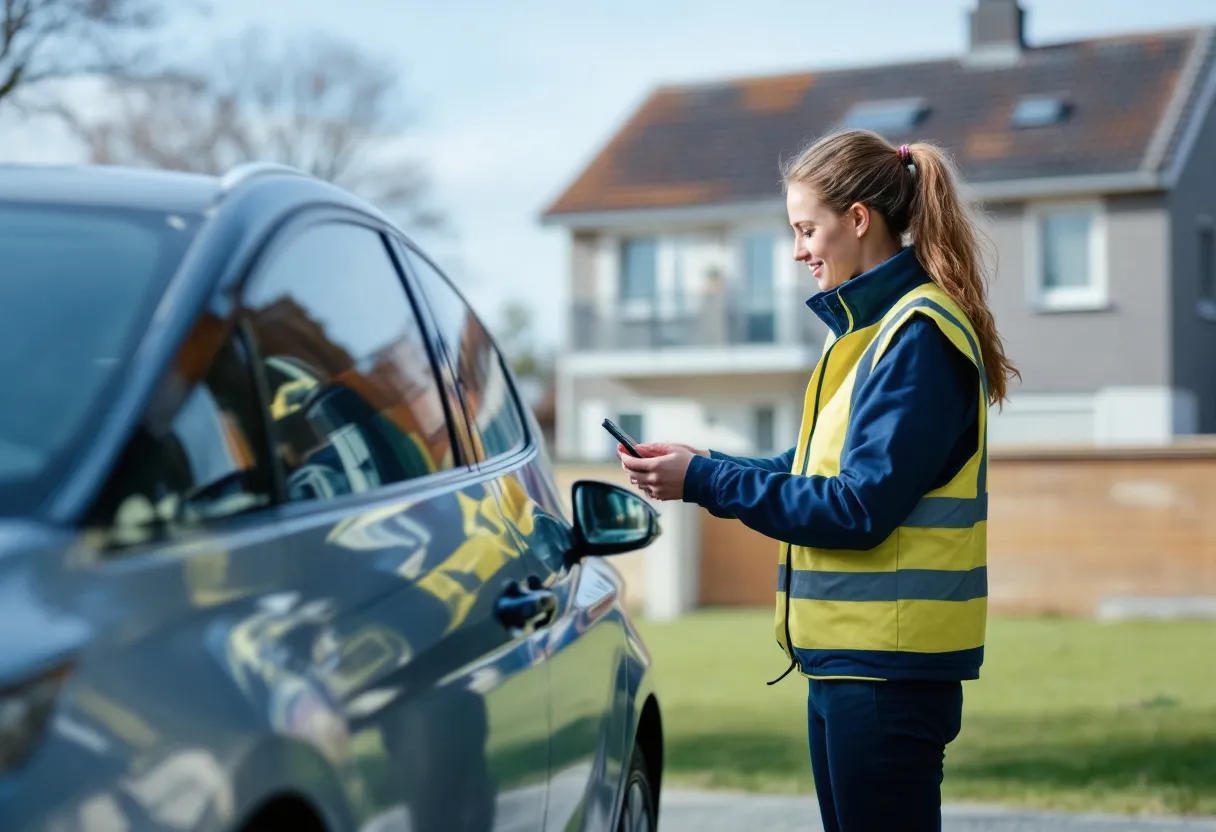 Een vrouw overhandigt de contactsleutels van haar zilveren auto aan een medewerker in een blauw vest, terwijl de wagen klaarstaat voor een modern huis in een Vlaamse wijk.