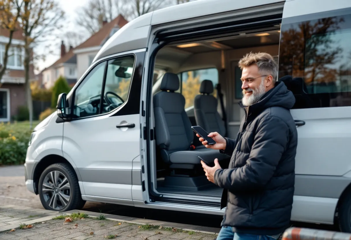 Een fotorealistische afbeelding van een tevreden particuliere autobezitter die naast een kleine, moderne brommobiel met twee zitplaatsen staat op een oprit in een Vlaamse woonwijk, terwijl hij op zijn smartphone een online waardebepaling invult.