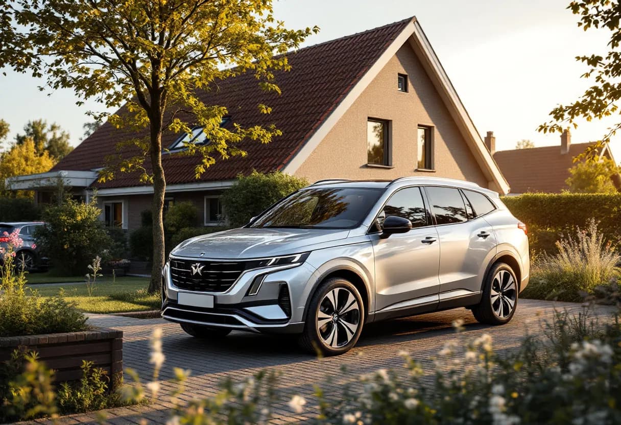 Een zilverkleurige SUV geparkeerd voor een moderne woning in een Vlaams dorp, met een onberispelijke lak die glanst in de avondzon.