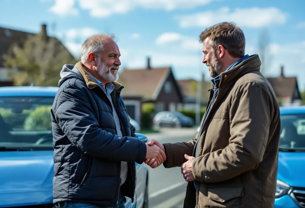 Een tevreden autoverkoper en een professionele opkoper schudden elkaar de hand naast een glanzende blauwe auto op een oprit, met op de achtergrond typische Belgische bakstenen huizen en een blauwe lucht.