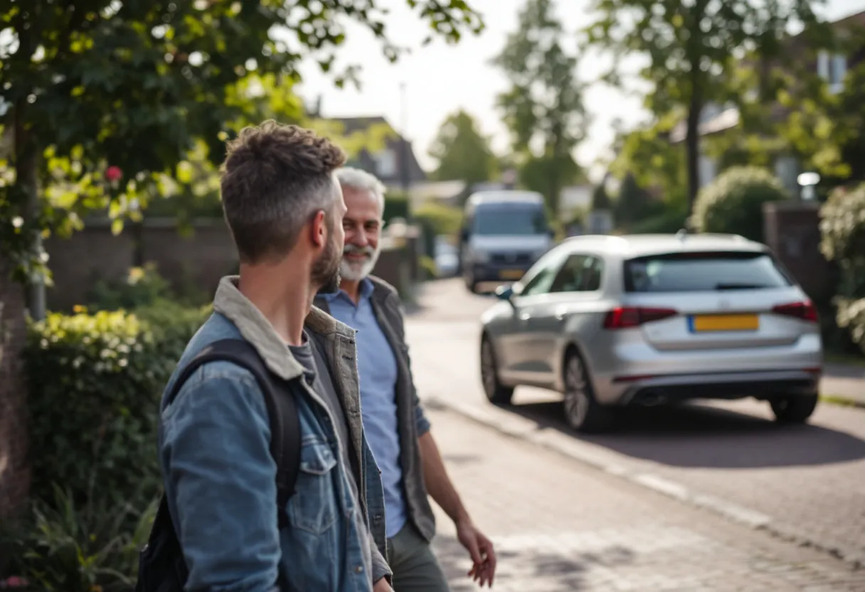 Een vriendelijke eigenaar overhandigt zijn autosleutels aan een opkoper op een oprit in een Vlaamse woonwijk, met een zilvergrijze tweedehands auto op de achtergrond.