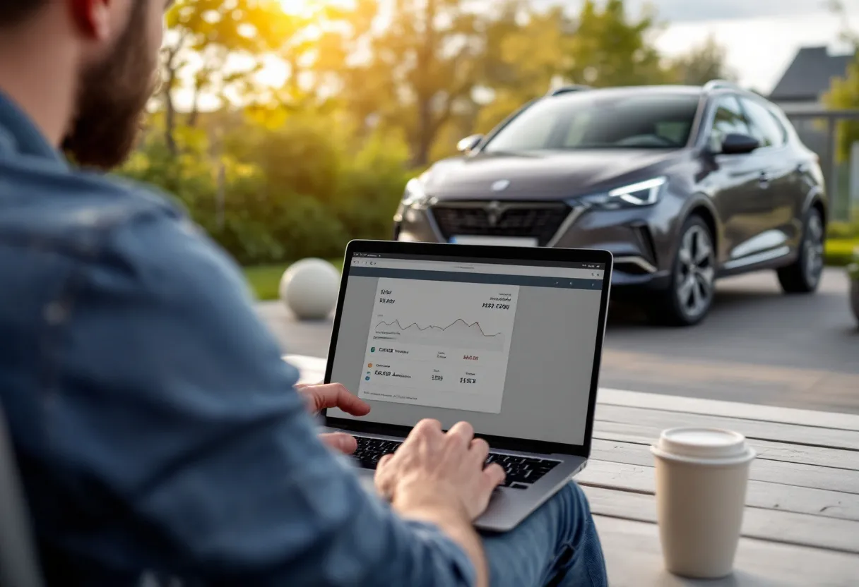 Een glimlachende man zit aan een laptop op een terras, op het scherm is een webpagina te zien waarop hij de waarde van zijn grijze hatchback berekent, terwijl de auto op de oprit op de achtergrond staat.