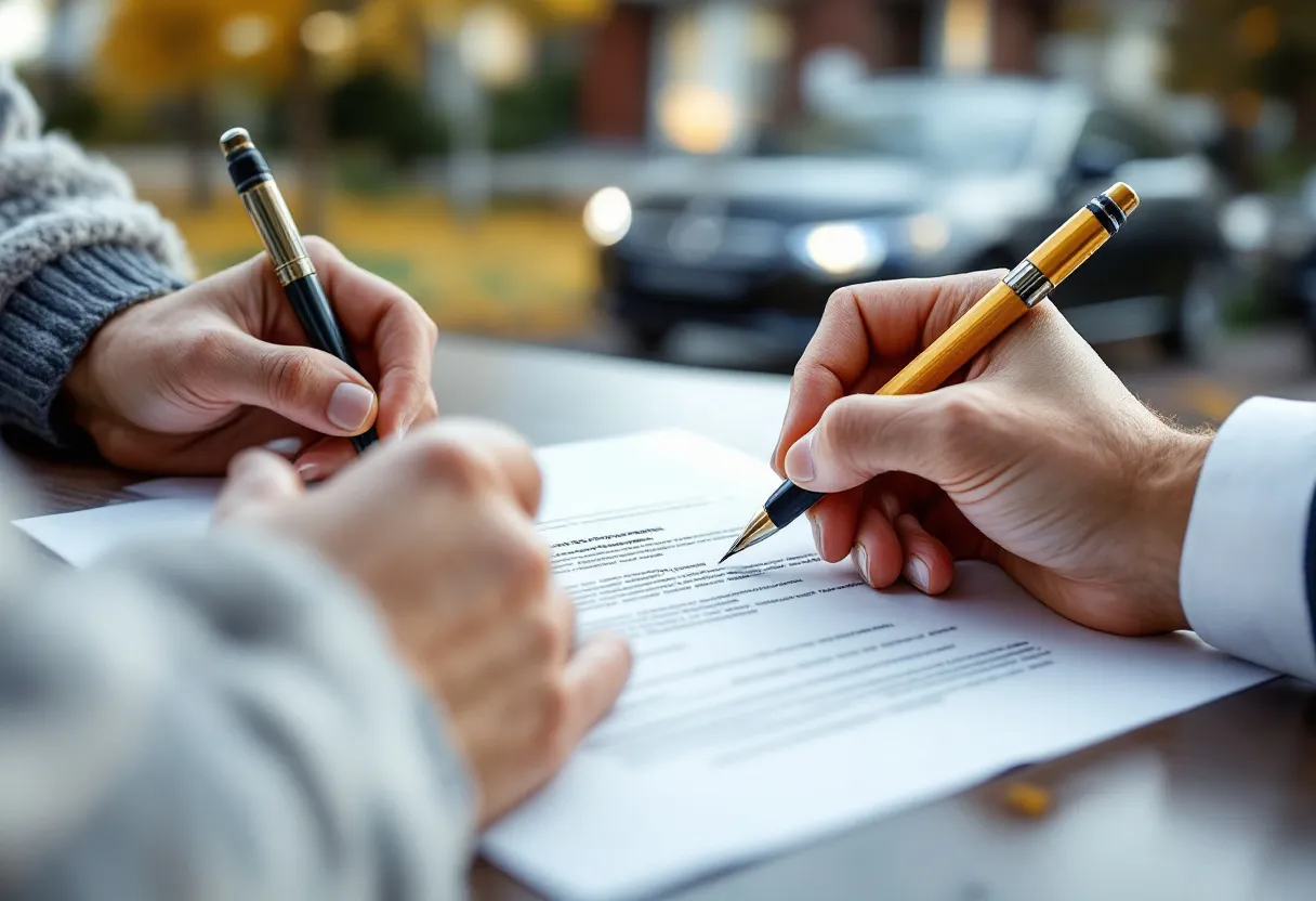 Twee handen ondertekenen een ingevulde verkoopovereenkomst-auto-document met een vulpen, terwijl op de achtergrond een glimmende tweedehandswagen voor een woonhuis in een Vlaamse straat staat.
