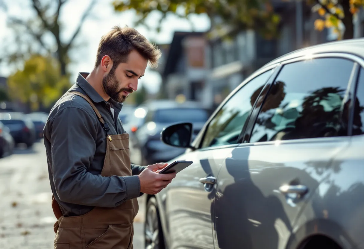 Een glimlachende autoverkoper in een proper overall inspecteert een zilverkleurige tweedehands auto op een zonnige oprit in een Belgische buitenwijk, terwijl een tevreden eigenaar erbij staat.