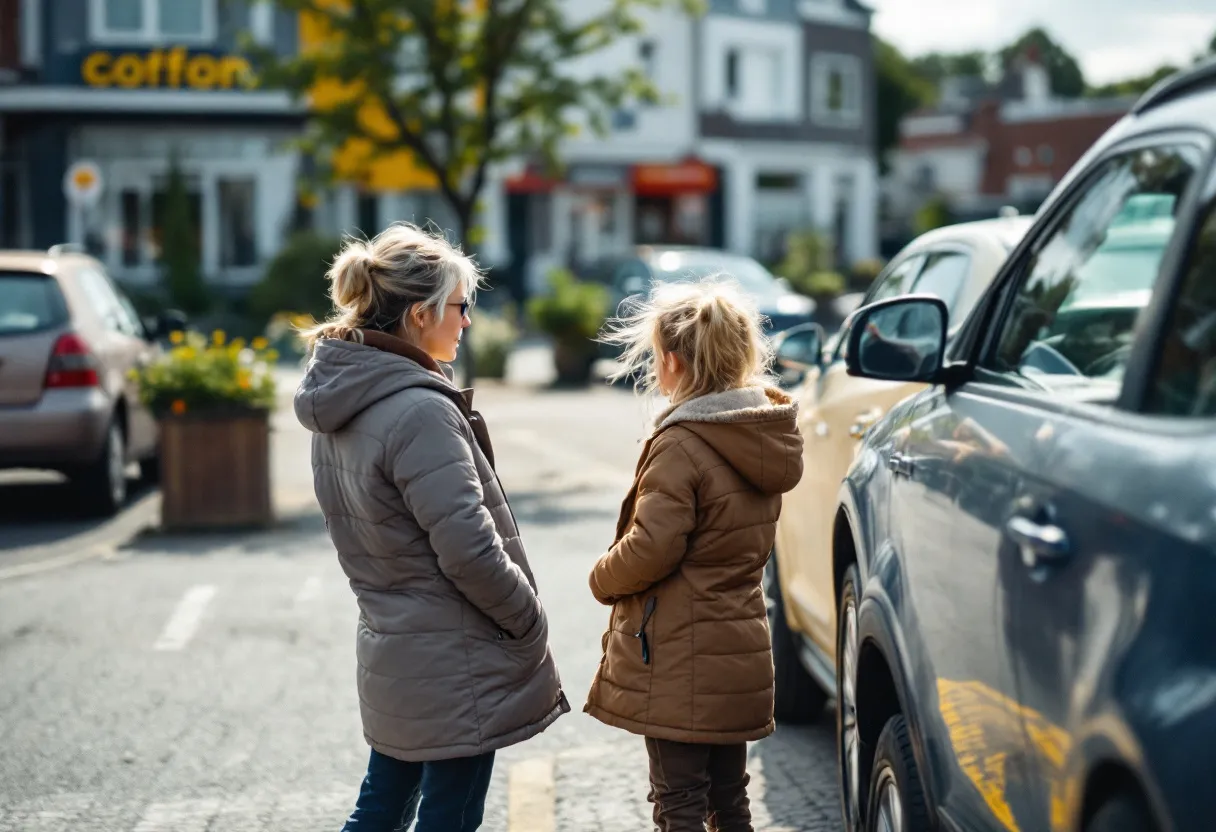 Een koppel staat naast een gebruikte auto op een zonnige parkeerplaats terwijl ze het onderhoudsboekje bekijken.