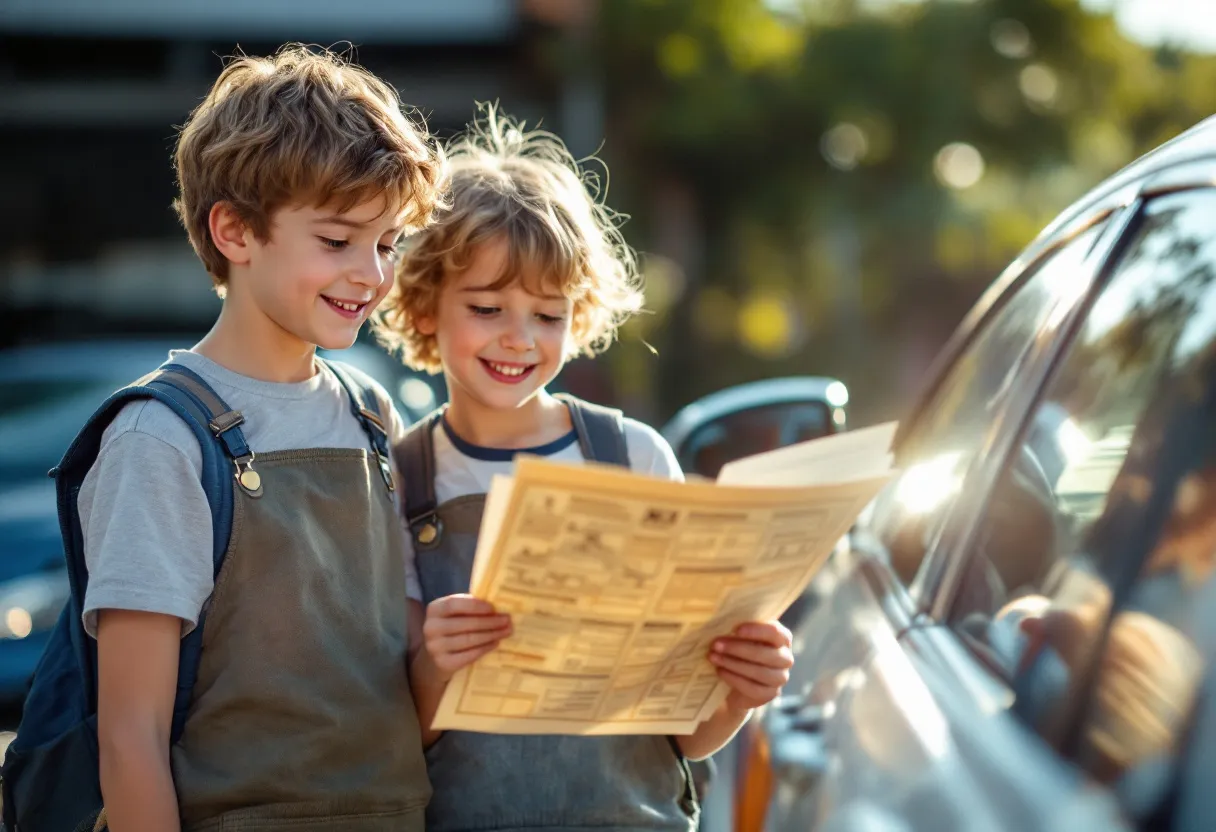 Een jong koppel bekijkt een tweedehands auto op een oprit, terwijl de eigenaar een map met onderhoudsdocumenten toont; de zon schijnt op de blinkende carrosserie.