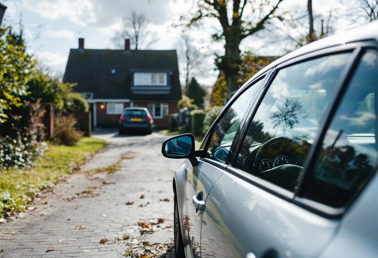Een zilverkleurige tweedehands auto met automatische transmissie staat geparkeerd op een zonnige oprit in een Vlaamse woonwijk, met het dashboard zichtbaar waarop de standen P, R, N, D te zien zijn.