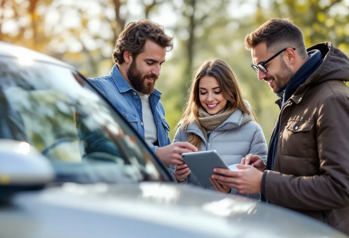 Een zonovergoten Vlaamse oprit met een zilveren auto, een man en vrouw kijken naar een tablet met de gratis waardebepaling, terwijl een andere man een checklist vasthoudt.