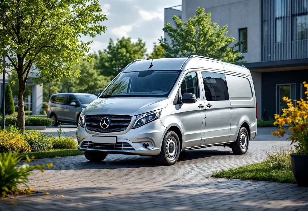 Een zilverkleurige Mercedes-Benz Vito bestelwagen staat geparkeerd op een moderne oprit in Vlaanderen, terwijl een vriendelijke eigenaar de sleutels overhandigt aan een professionele auto-opkoper.