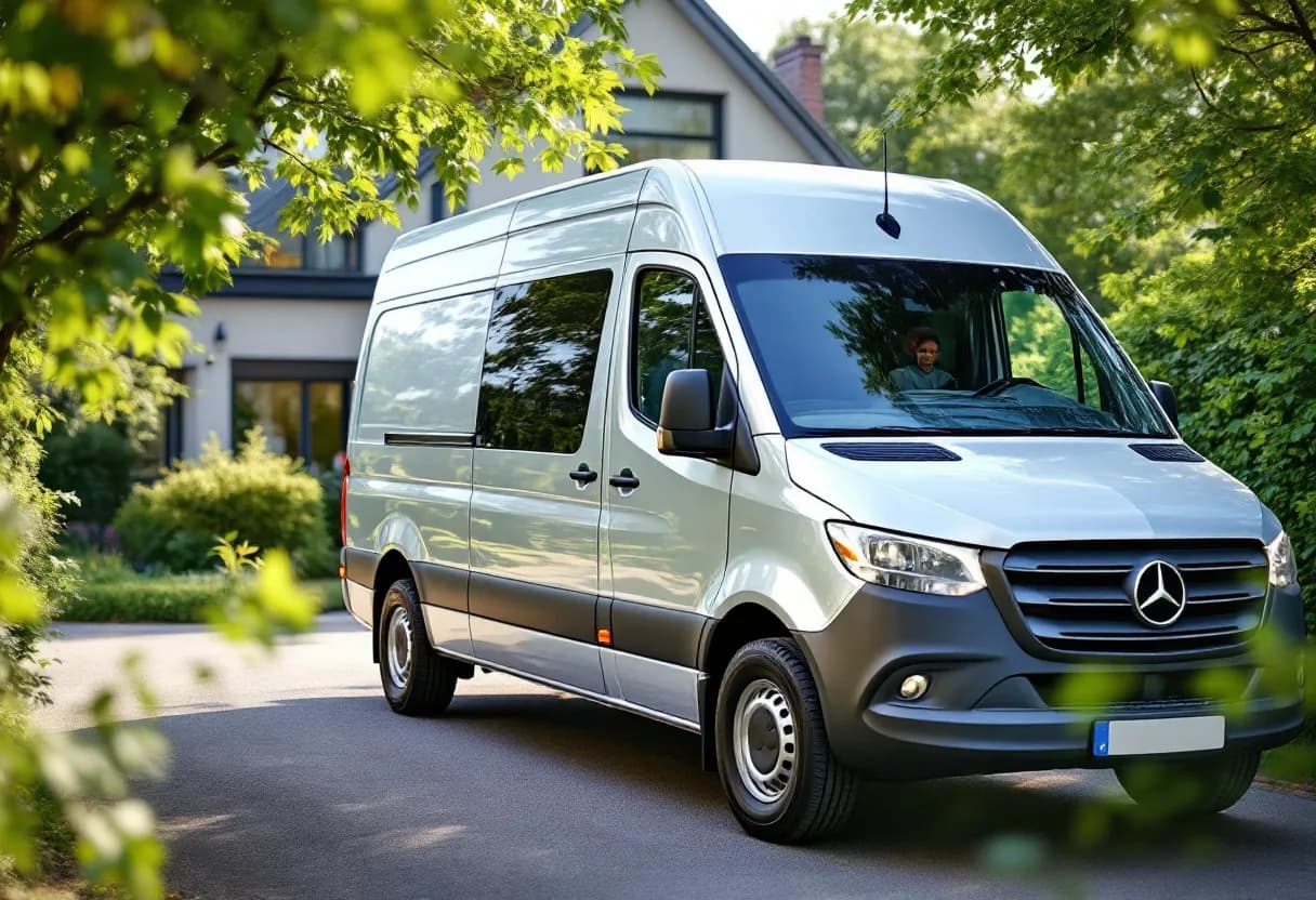 Een zilverkleurige Mercedes-Benz Sprinter geparkeerd voor een modern huis in een Belgische straat, met een eigenaar die de sleutels overhandigt aan een opkoper met een vriendelijke glimlach.