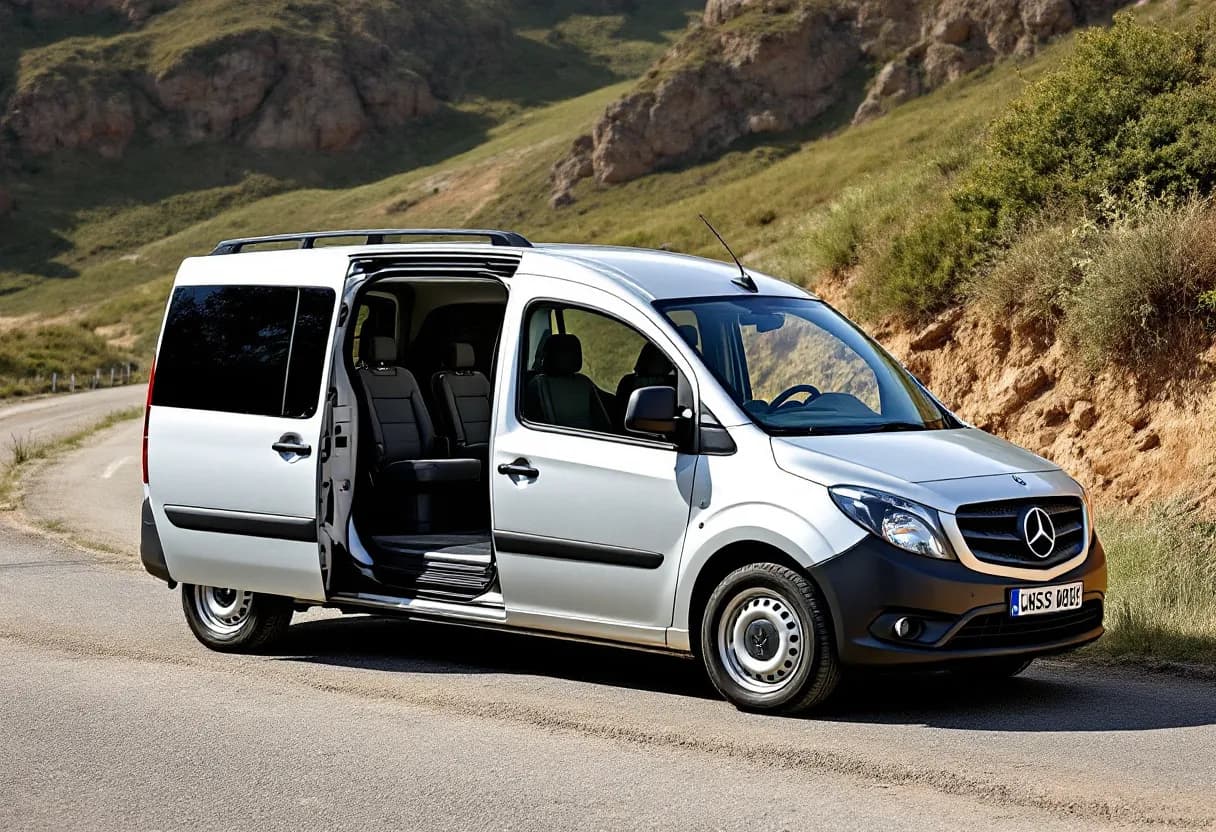 Een zilveren Mercedes-Benz Citan bestelwagen met open achterdeuren, geparkeerd op een zonnige oprit naast een laagdrempelige haag, klaar voor verkoop.