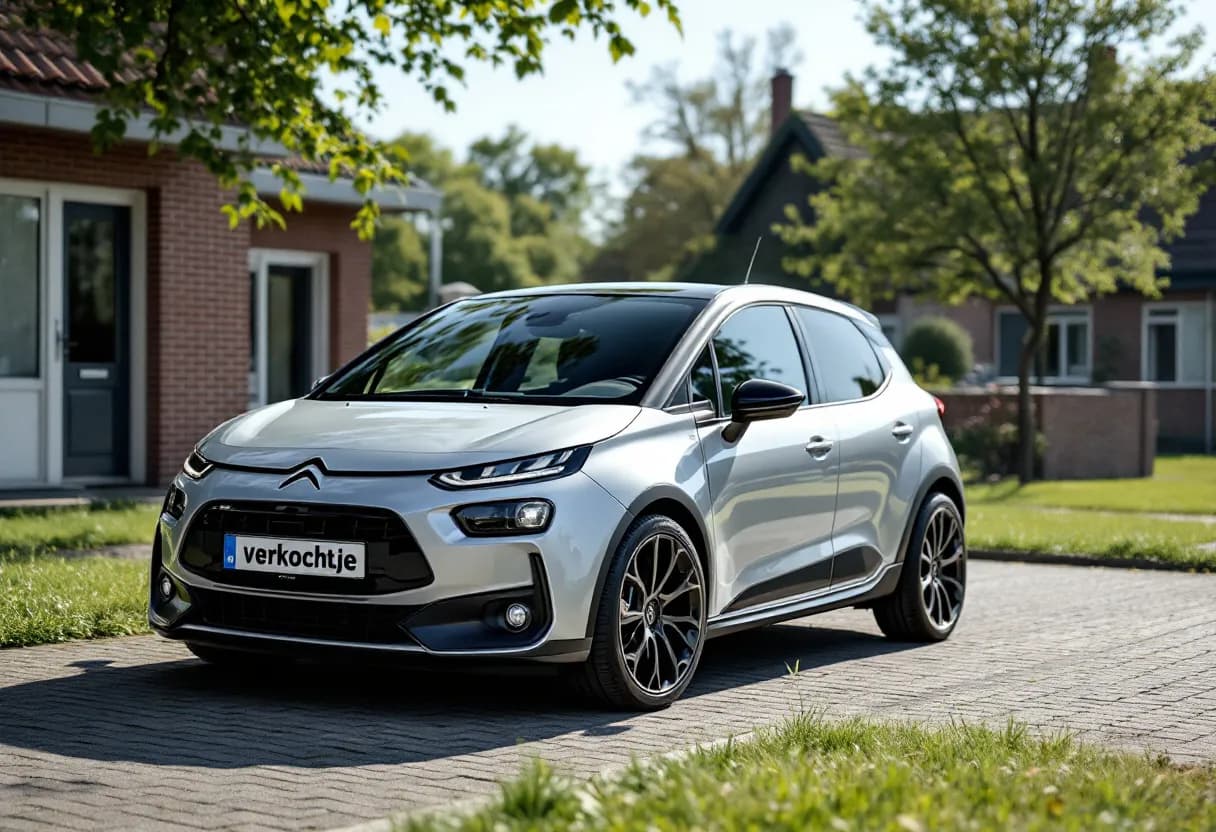 Een glanzende compacte zilverkleurige auto met een sportieve uitstraling staat op een oprit, met een 'verkocht'-bordje tegen de voorruit, op een zonnige dag in een Belgische woonwijk.