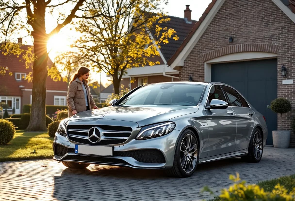 Een zilverkleurige Mercedes-Benz C-Klasse sedan staat op een oprit in een Vlaamse buitenwijk, een familielid overhandigt de sleutels aan een vriendelijke opkoper, klaar voor een vlotte verkoop.