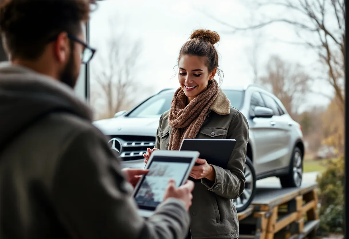 Een zilverkleurige Mercedes-Benz GLA geparkeerd op een oprit voor een moderne woning met een verkoper die een tablet met een ingevuld formulier laat zien.