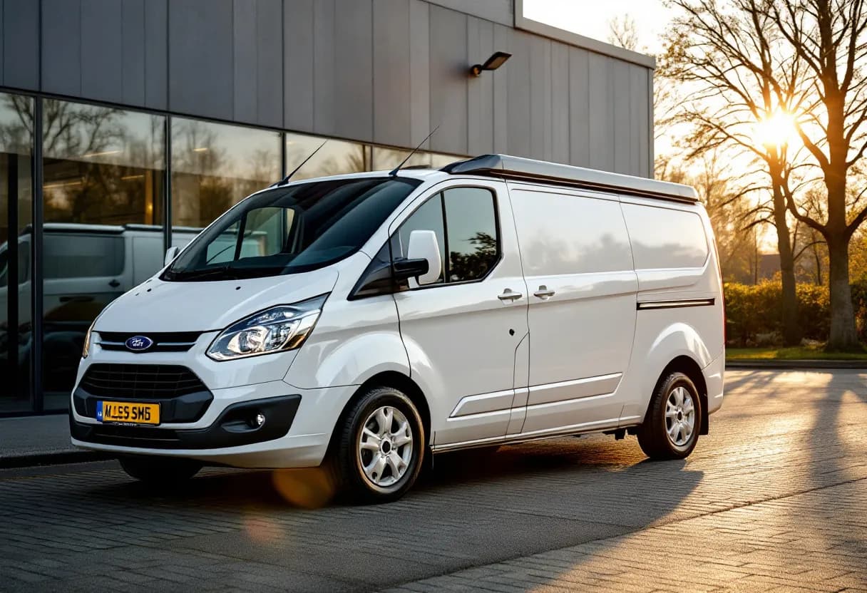 Een spierwitte Ford Transit Custom bestelwagen geparkeerd op een Vlaamse kassei-oprit, de zon reflecteert in de lak, klaar voor een nieuwe eigenaar.