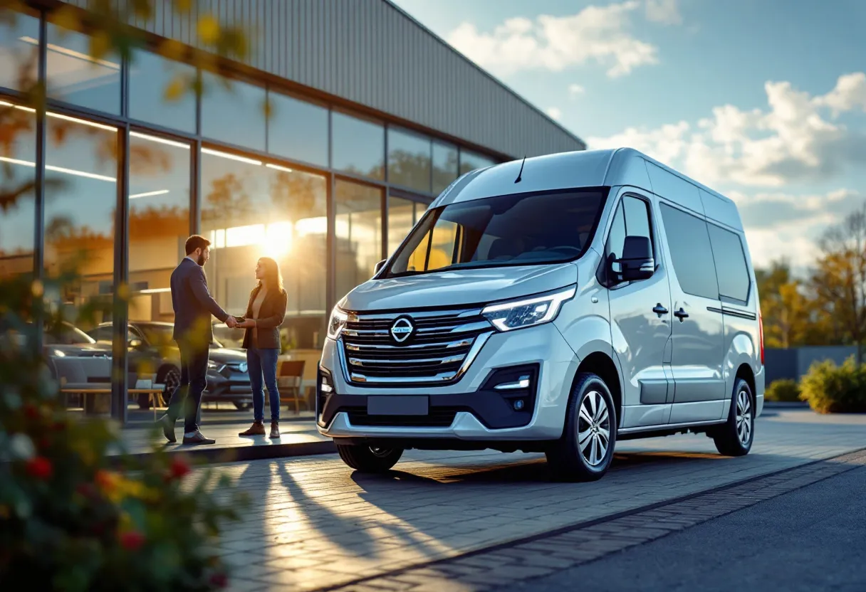 Een glanzende zilverkleurige Nissan Primastar bestelwagen geparkeerd op een moderne oprit, terwijl een tevreden eigenaar de sleutels overhandigt aan een vriendelijke autohandelaar onder een heldere blauwe hemel.
