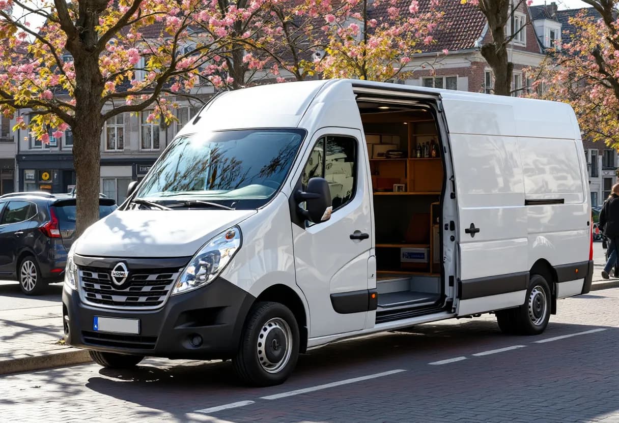 Een glanzende witte Nissan Interstar bestelwagen staat geparkeerd op een zonnige kasseienstraat in een Belgisch stadscentrum, met de laadruimte geopend en het interieur zichtbaar.