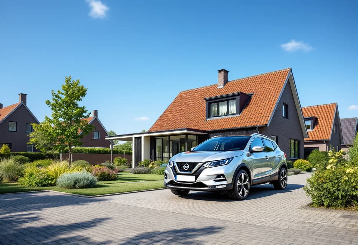 Een zilverkleurige Nissan Qashqai geparkeerd voor een modern huis in een Vlaamse woonwijk, met bladeren op de oprit en een heldere blauwe lucht.