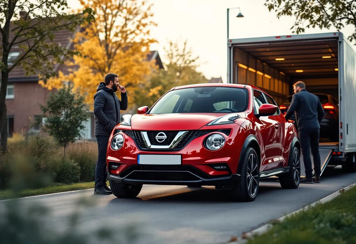 Een fotorealistische scène van een rode Nissan Juke op een oprit in een Belgische woonwijk, een professionele autobeoordelaar kijkt onder de motorkap terwijl een opvallende transportwagen klaarstaat om de auto te laden.