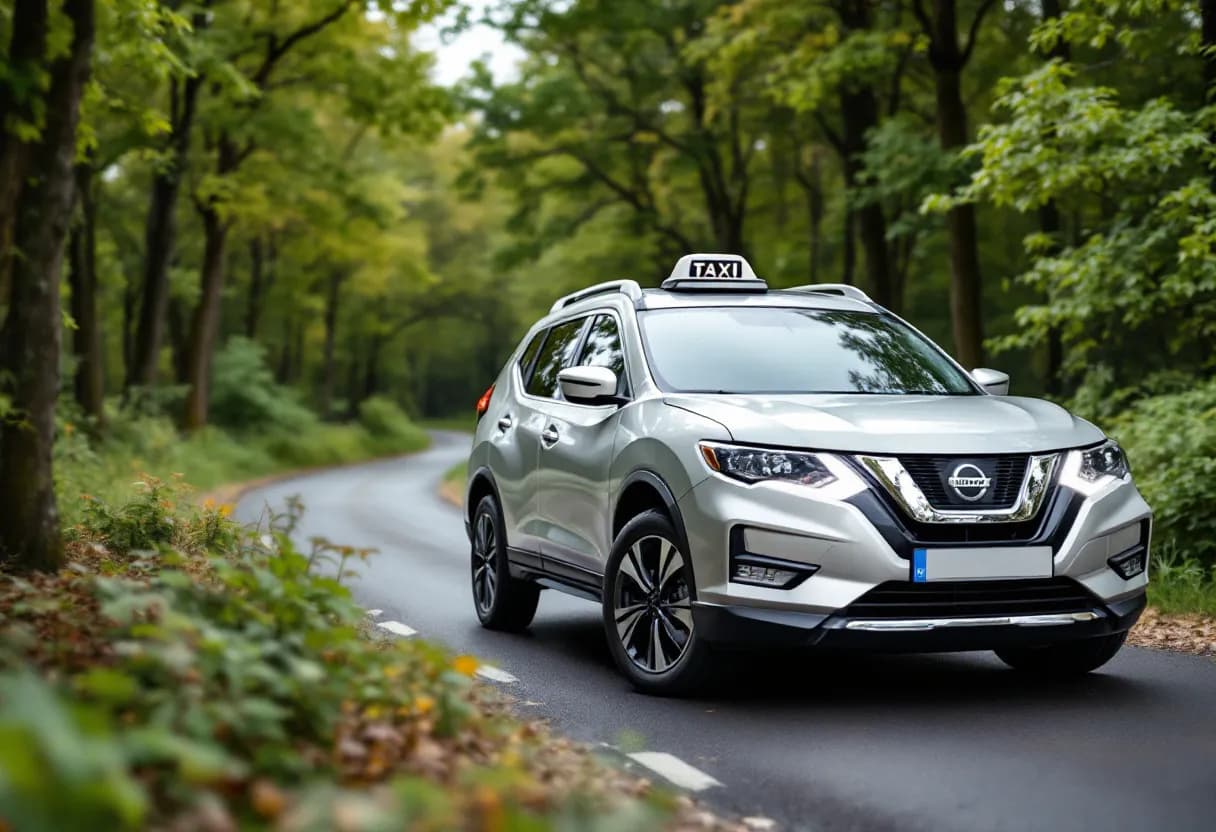 Een fotorealistische foto van een zilverkleurige Nissan X-Trail SUV op een oprit in Vlaanderen, met een open motorkap en een taxatierapport op de voorruit.