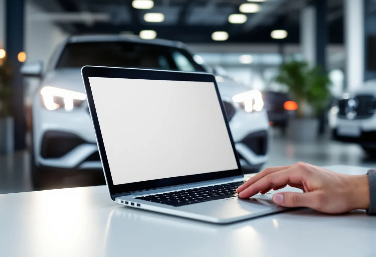 Een helder verlichte auto staat in een moderne showroom met een laptop op de voorgrond die een online taxatieformulier toont, terwijl een hand het scherm aanraakt.